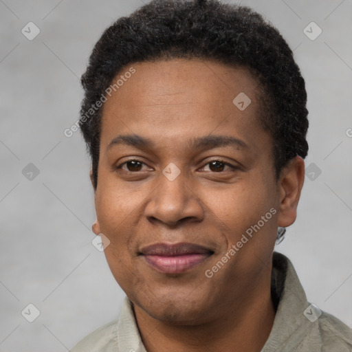 Joyful latino adult male with short  black hair and brown eyes