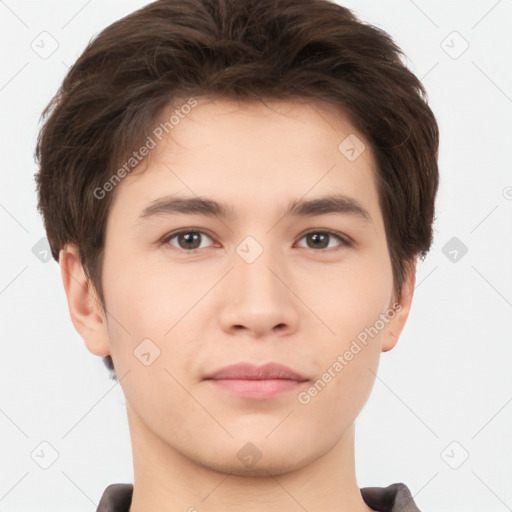 Neutral white young-adult male with short  brown hair and brown eyes