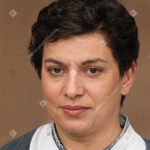 Joyful white adult female with short  brown hair and brown eyes