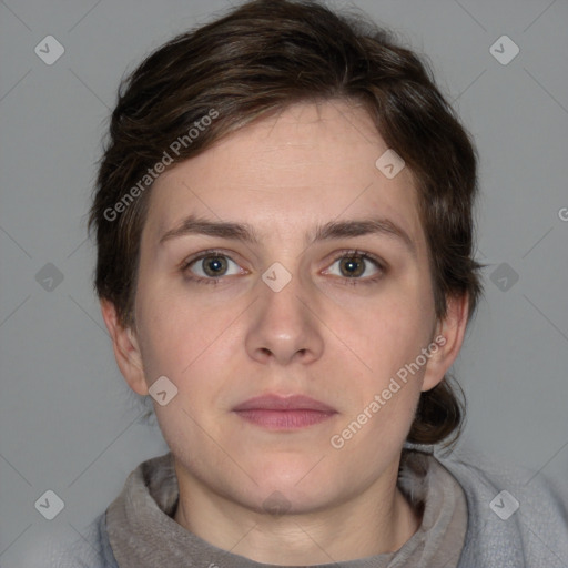 Neutral white young-adult female with short  brown hair and brown eyes