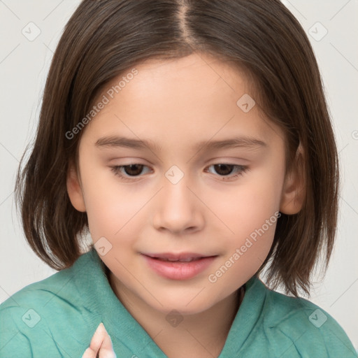 Joyful white child female with medium  brown hair and brown eyes