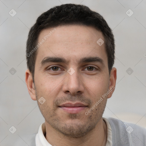 Neutral white young-adult male with short  brown hair and brown eyes