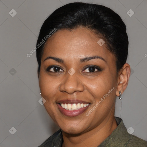 Joyful black young-adult female with medium  brown hair and brown eyes