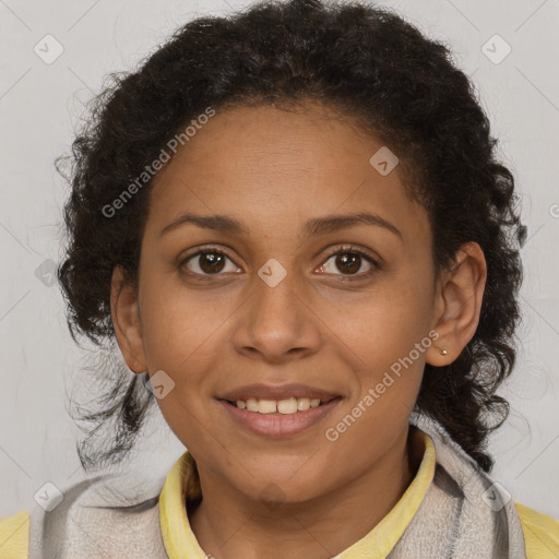 Joyful white adult female with short  brown hair and brown eyes