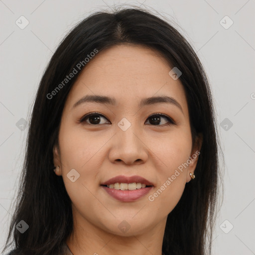 Joyful asian young-adult female with long  brown hair and brown eyes