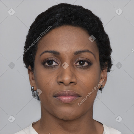 Neutral black young-adult female with short  black hair and brown eyes