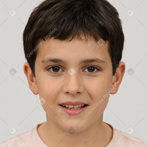 Joyful white child male with short  brown hair and brown eyes