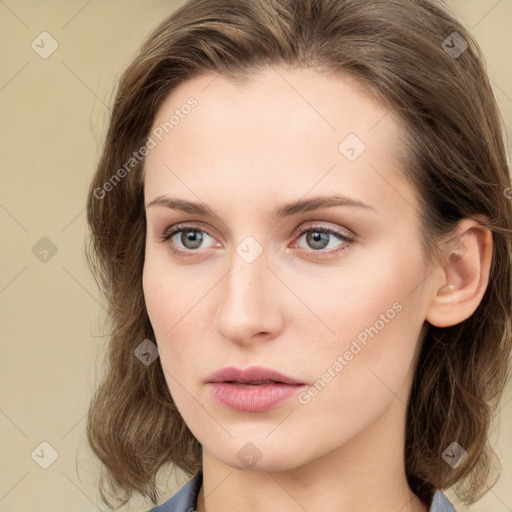 Neutral white young-adult female with medium  brown hair and blue eyes