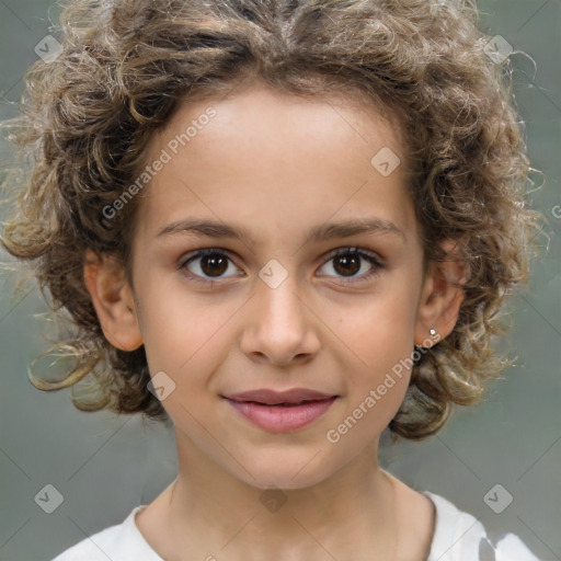 Joyful white child female with medium  brown hair and brown eyes