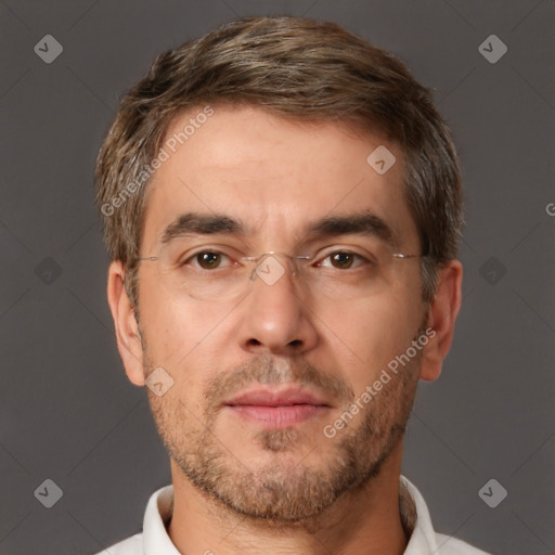 Neutral white adult male with short  brown hair and brown eyes