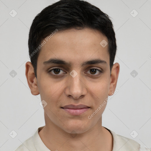 Joyful white young-adult male with short  black hair and brown eyes