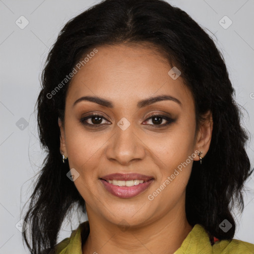Joyful latino young-adult female with long  brown hair and brown eyes