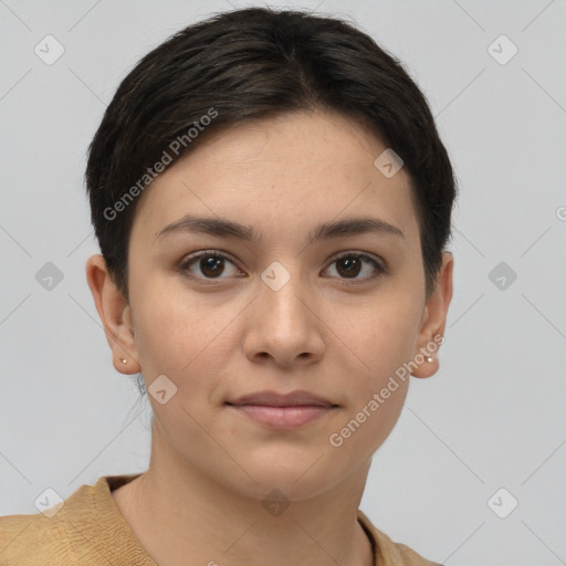 Joyful white young-adult female with short  brown hair and brown eyes