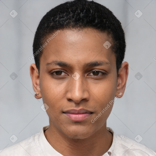 Neutral latino young-adult female with short  brown hair and brown eyes