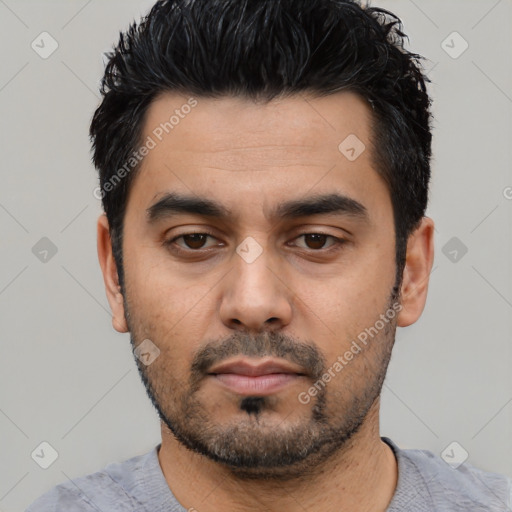 Neutral white young-adult male with short  black hair and brown eyes