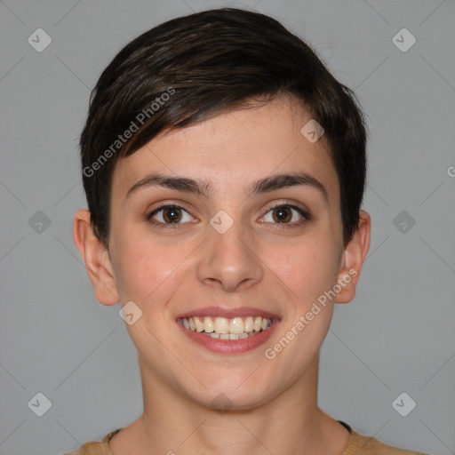 Joyful white young-adult female with short  brown hair and brown eyes