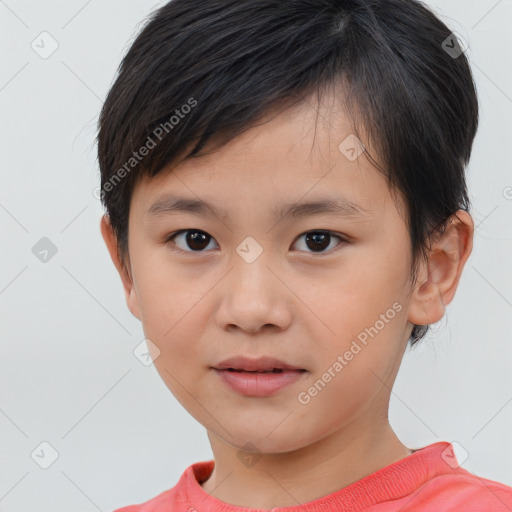 Joyful asian child male with short  brown hair and brown eyes