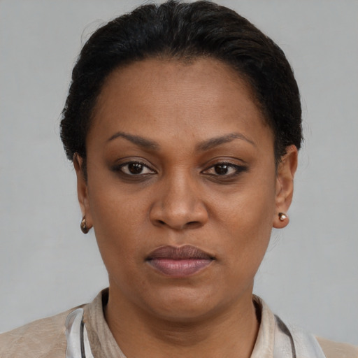 Neutral black young-adult female with short  brown hair and brown eyes