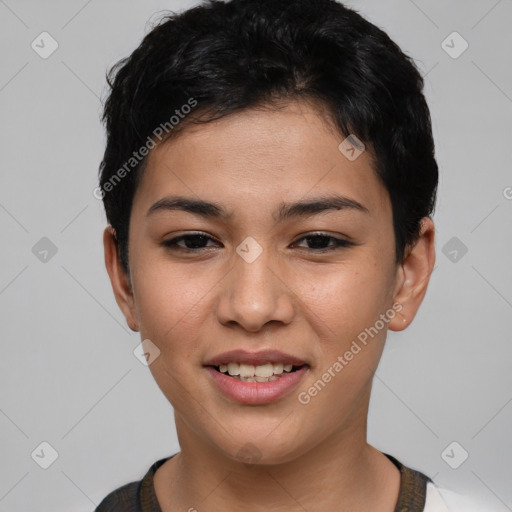 Joyful white young-adult female with short  brown hair and brown eyes