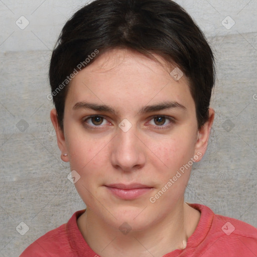 Neutral white young-adult female with short  brown hair and brown eyes