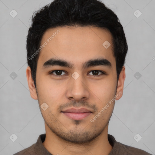 Neutral latino young-adult male with short  black hair and brown eyes