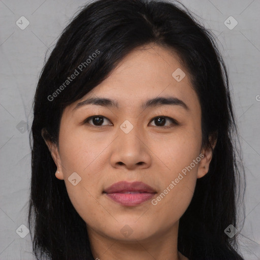 Joyful asian young-adult female with medium  black hair and brown eyes