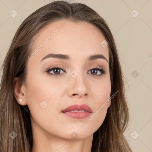 Neutral white young-adult female with long  brown hair and brown eyes