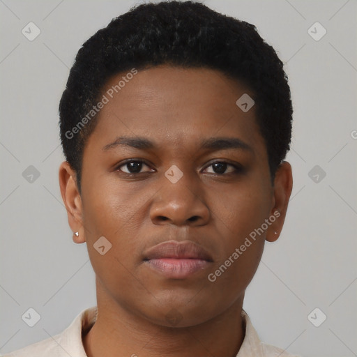 Neutral black young-adult female with short  brown hair and brown eyes