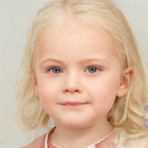 Joyful white child female with medium  blond hair and blue eyes