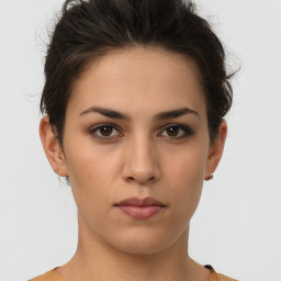 Neutral white young-adult female with short  brown hair and brown eyes