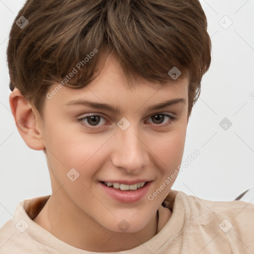 Joyful white child female with short  brown hair and brown eyes