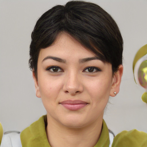 Joyful white young-adult female with medium  brown hair and brown eyes