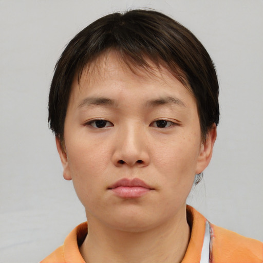 Neutral asian young-adult female with short  brown hair and brown eyes