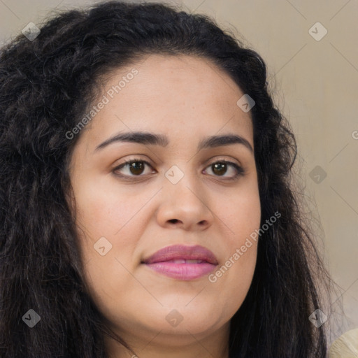 Joyful latino young-adult female with long  brown hair and brown eyes