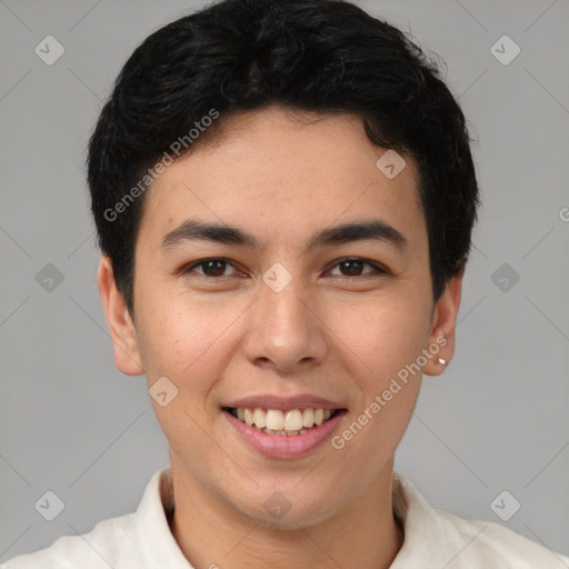 Joyful latino young-adult male with short  brown hair and brown eyes