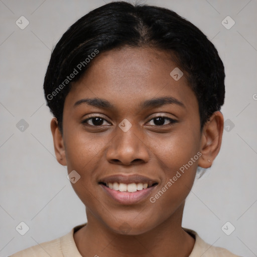 Joyful latino young-adult female with short  black hair and brown eyes