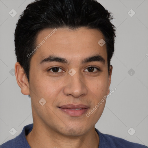 Joyful white young-adult male with short  black hair and brown eyes