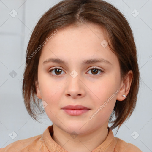 Joyful white child female with medium  brown hair and brown eyes