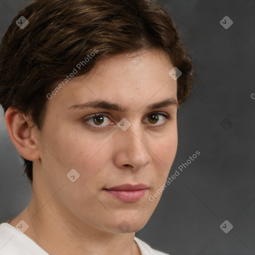 Neutral white young-adult female with short  brown hair and brown eyes