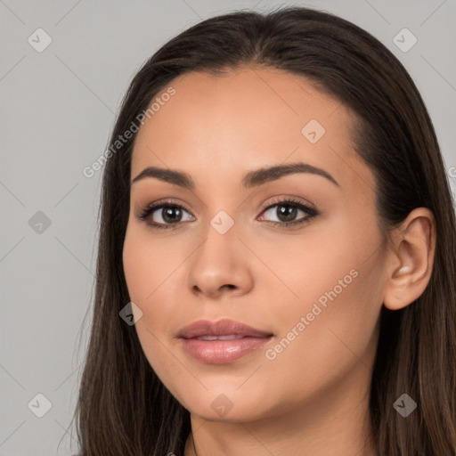 Neutral white young-adult female with long  brown hair and brown eyes