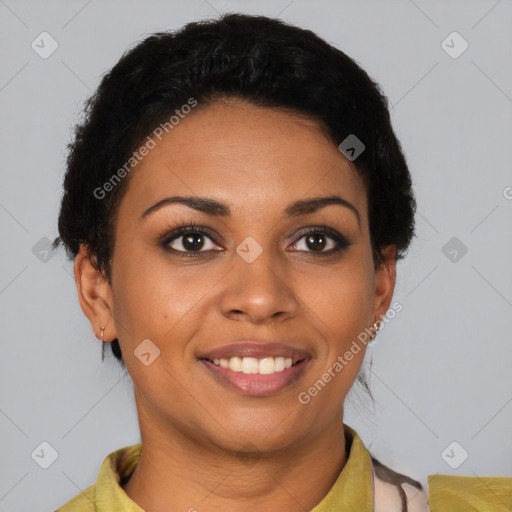 Joyful latino young-adult female with short  brown hair and brown eyes