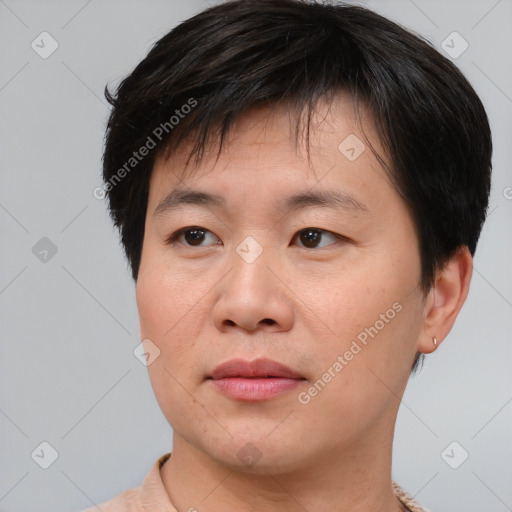 Joyful asian adult male with short  brown hair and brown eyes