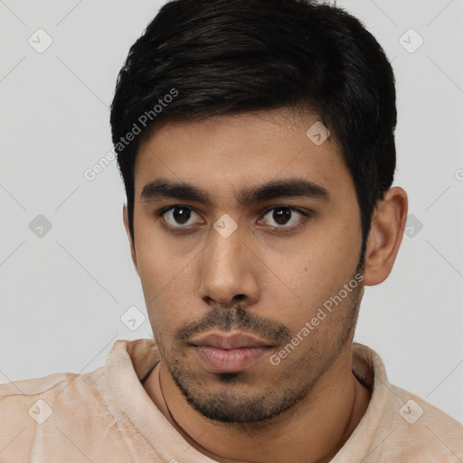 Neutral latino young-adult male with short  black hair and brown eyes