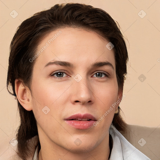 Neutral white young-adult female with medium  brown hair and brown eyes