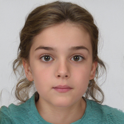 Neutral white child female with medium  brown hair and grey eyes