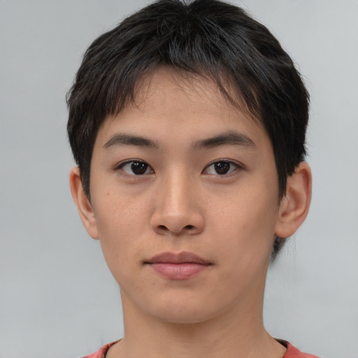 Neutral asian young-adult male with short  brown hair and brown eyes