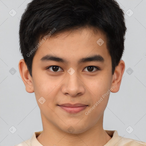 Joyful latino young-adult male with short  brown hair and brown eyes