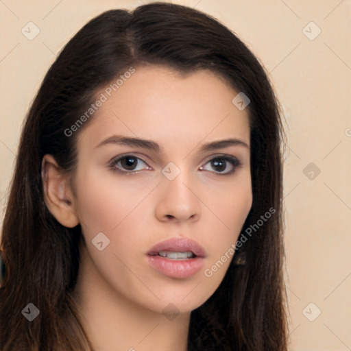 Neutral white young-adult female with long  brown hair and brown eyes