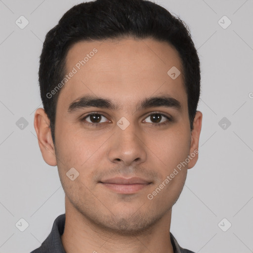 Neutral latino young-adult male with short  black hair and brown eyes