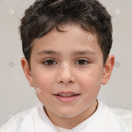 Joyful white child male with short  brown hair and brown eyes